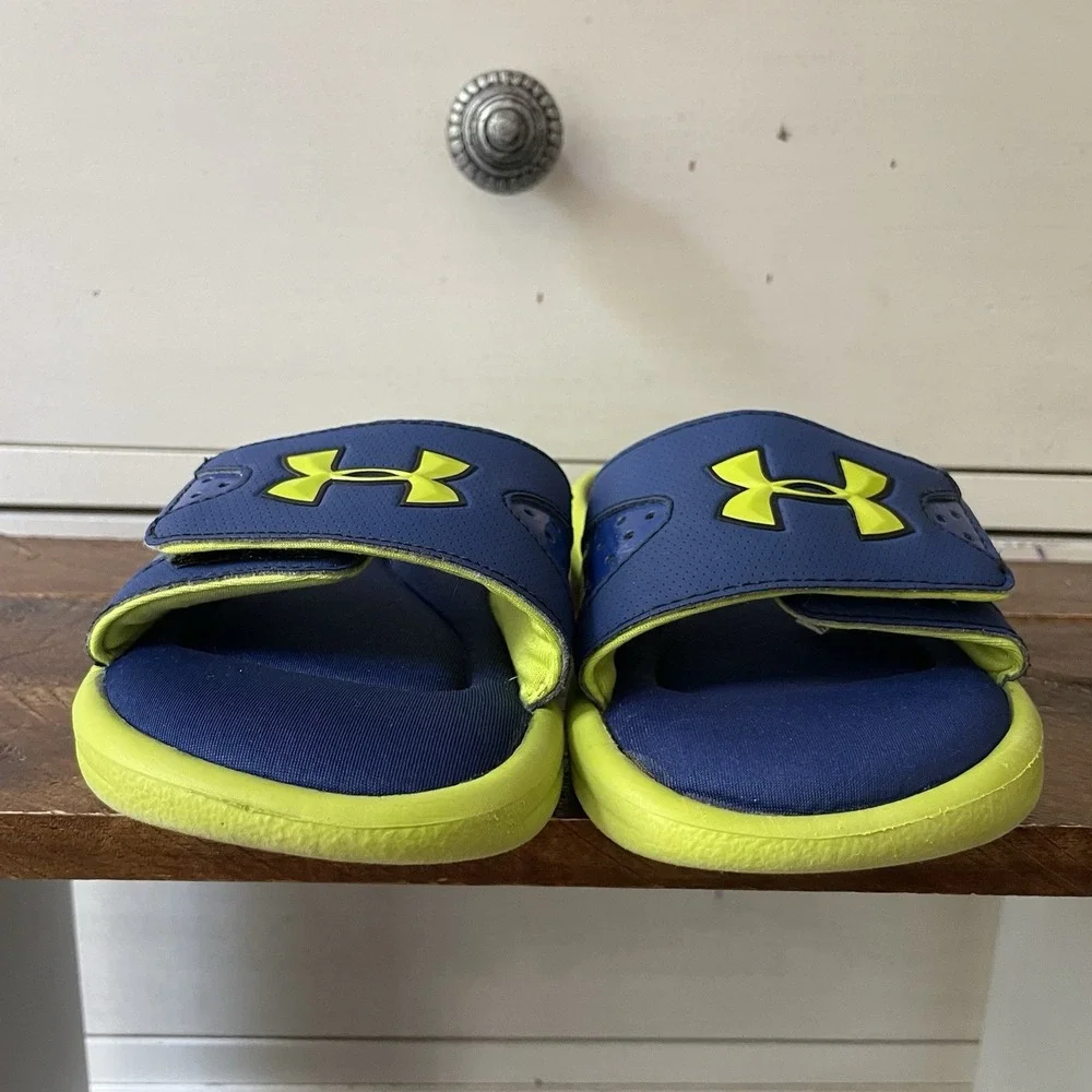 Under Armour Kids UA Blue‎ Green Slip On Slides Sandals Size US 1Y Summer
